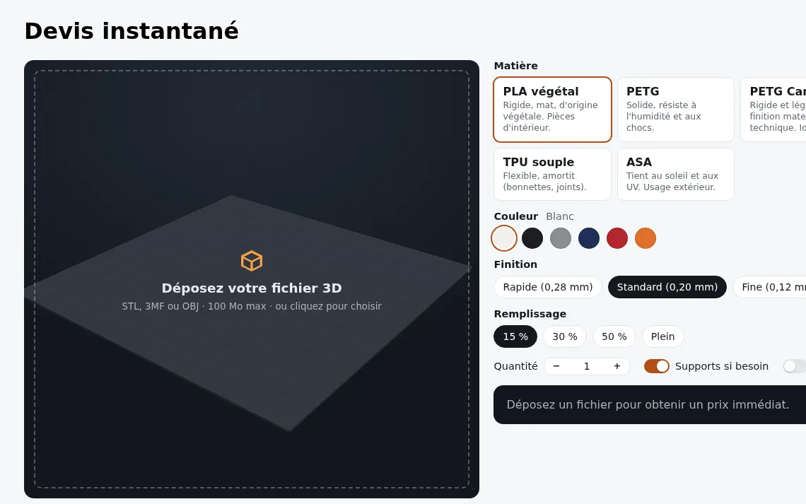 Le devis instantané : un fichier 3D déposé, ses options et son prix.